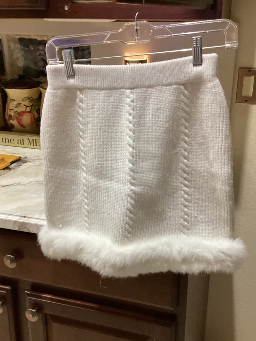 Cider White Cable-Knit Mini Skirt with Faux Fur Trim